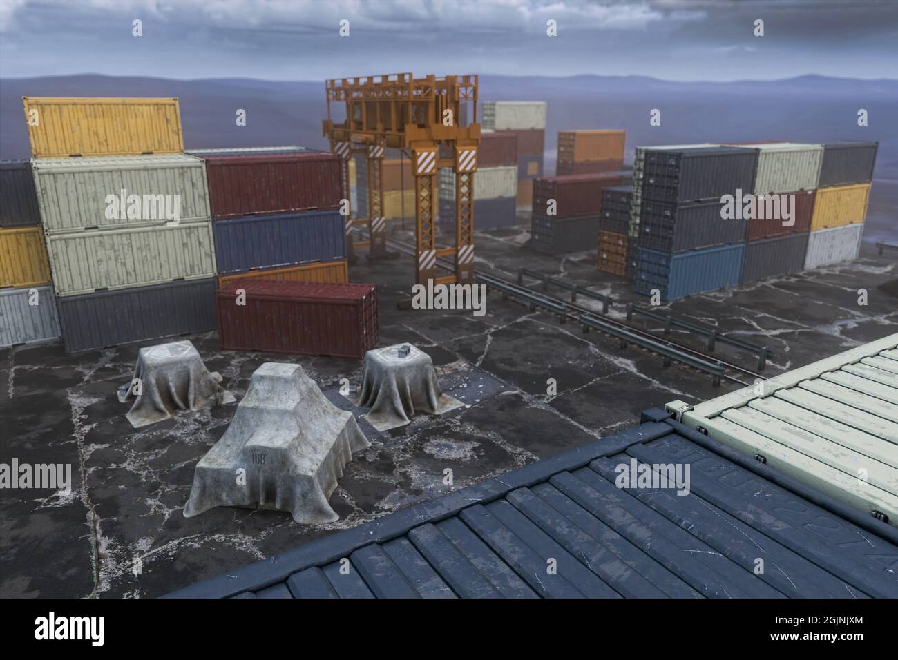 3D illustration of a generic docklands shipping container yard viewed from the top of a stack of containers. Stock Photo