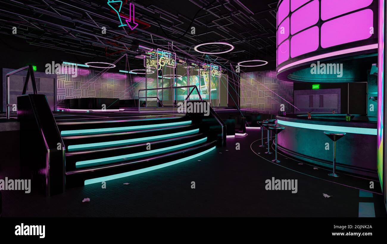 Futuristic cyberpunk night club interior with bar and neon lights. 3D  illustration Stock Photo - Alamy