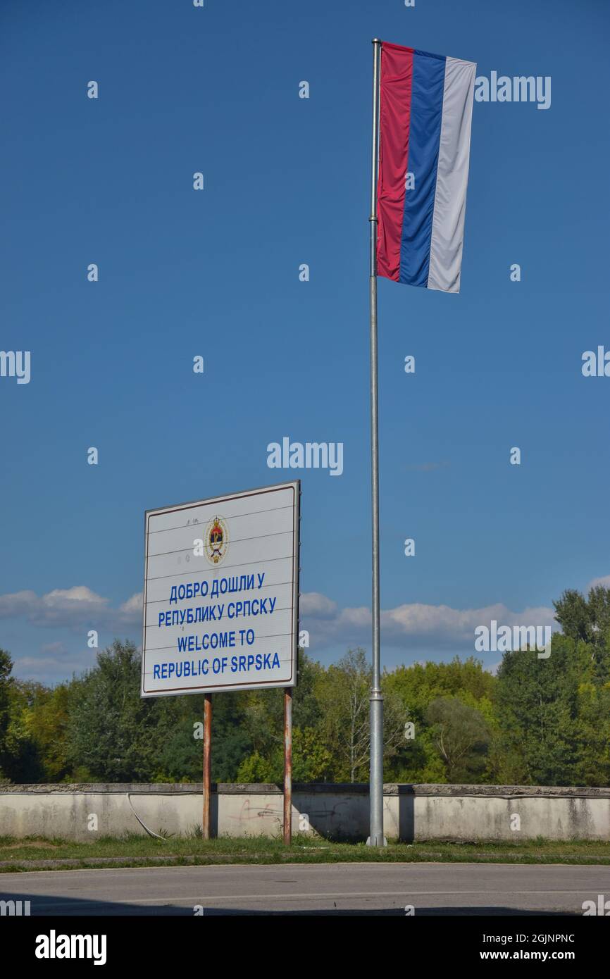 Kozarska Dubica/Bosanska Dubica, border town with Croatia; the border sign Stock Photo