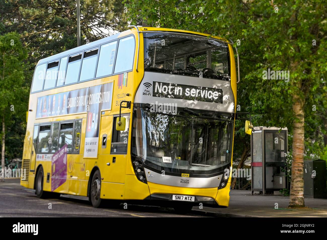 Bournemouth, Dorset, England - June 2021: Public service bus with not in service sign stopped at a bus stop in the town centre Stock Photo