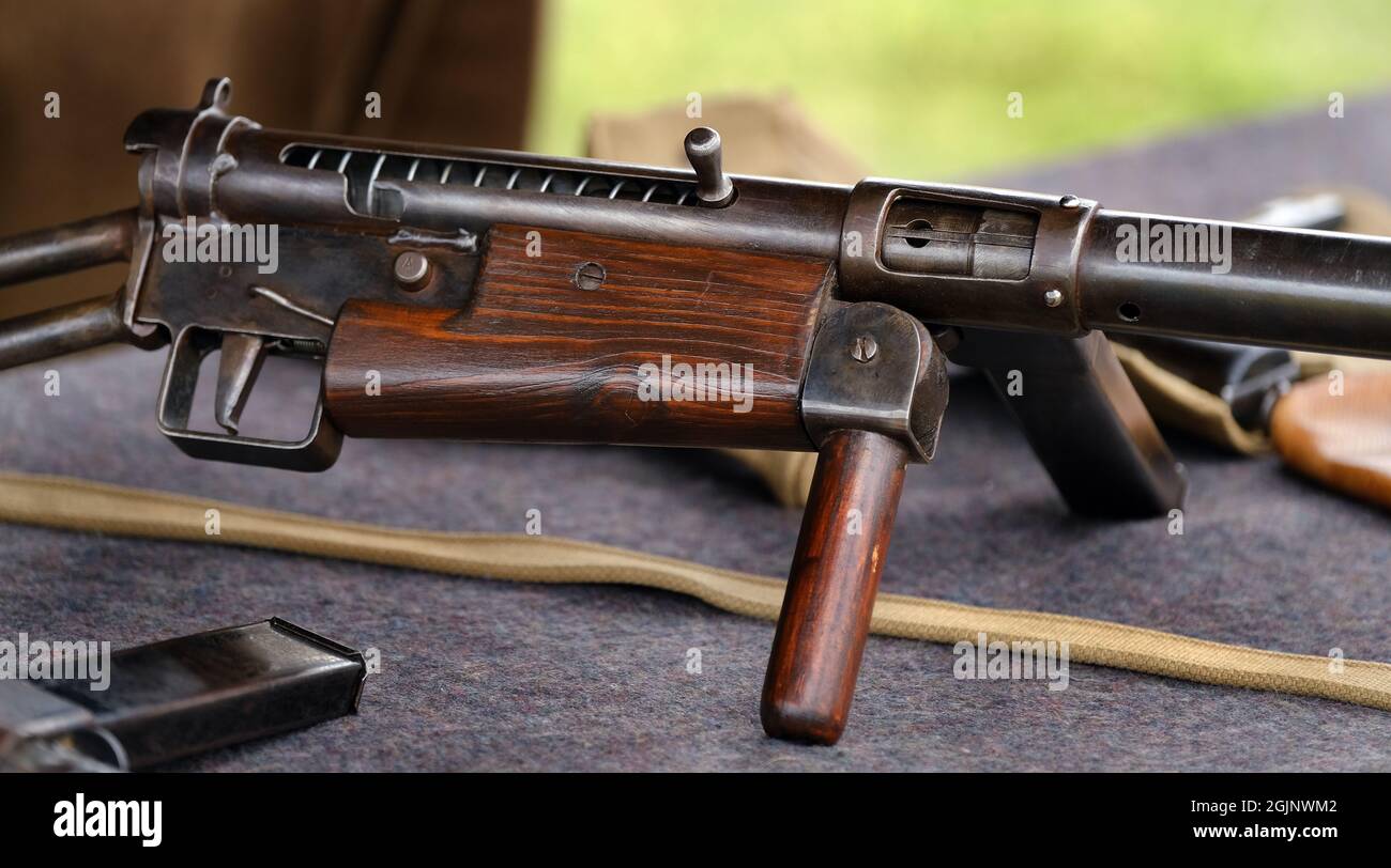 The STEN is a family of British submachine guns in 9×19mm which were used extensively by British and Commonwealth forces throughout World War. Stock Photo