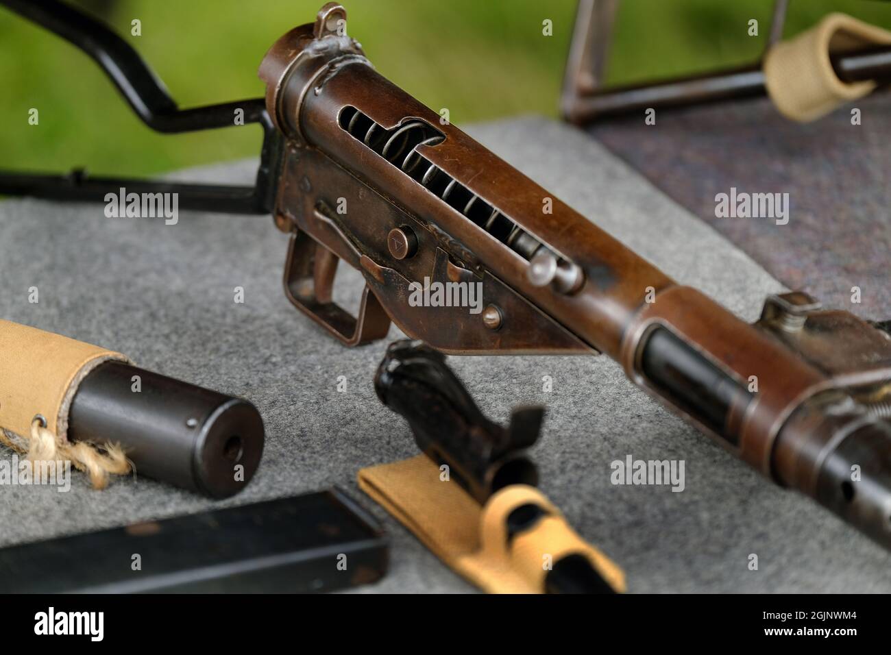 The STEN is a family of British submachine guns in 9×19mm which were used extensively by British and Commonwealth forces throughout World War. Stock Photo