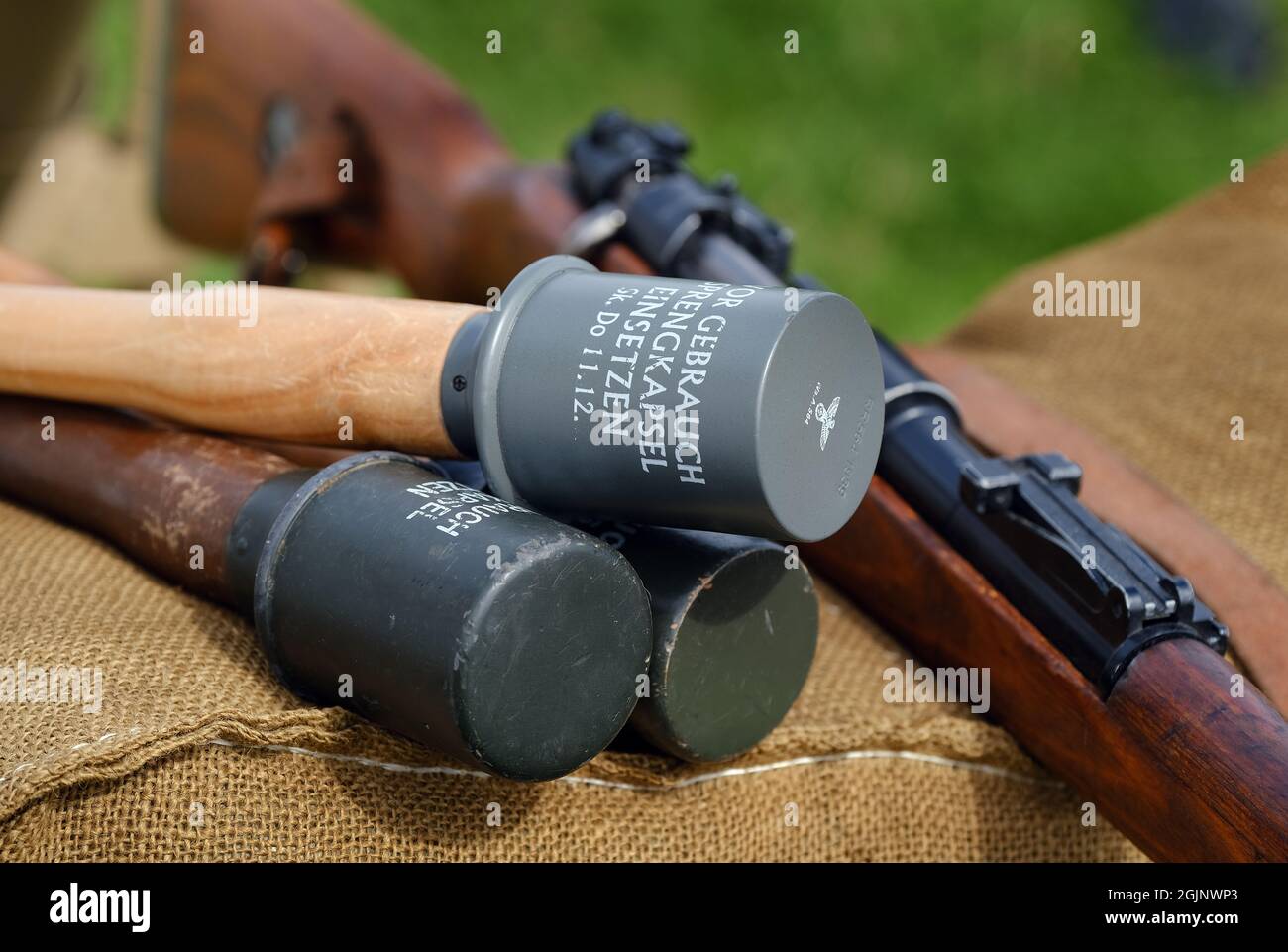 The Stielhandgranate (German for 'stick hand grenade') was a German hand grenade distinguished by its wooden handle. Stock Photo