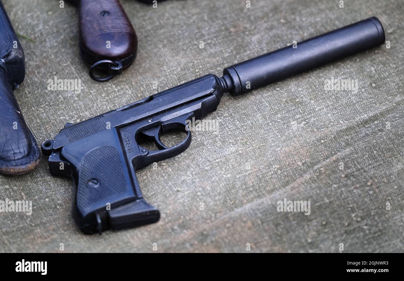 Lightweight silenced semi automatic pistol. Stock Photo