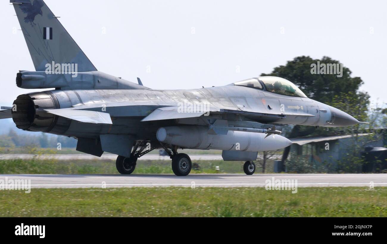 Andravida Greece APRIL, 03, 2019 General Dynamics F-16 C Fighting Falcon of Hellenic Air Force HAF Stock Photo