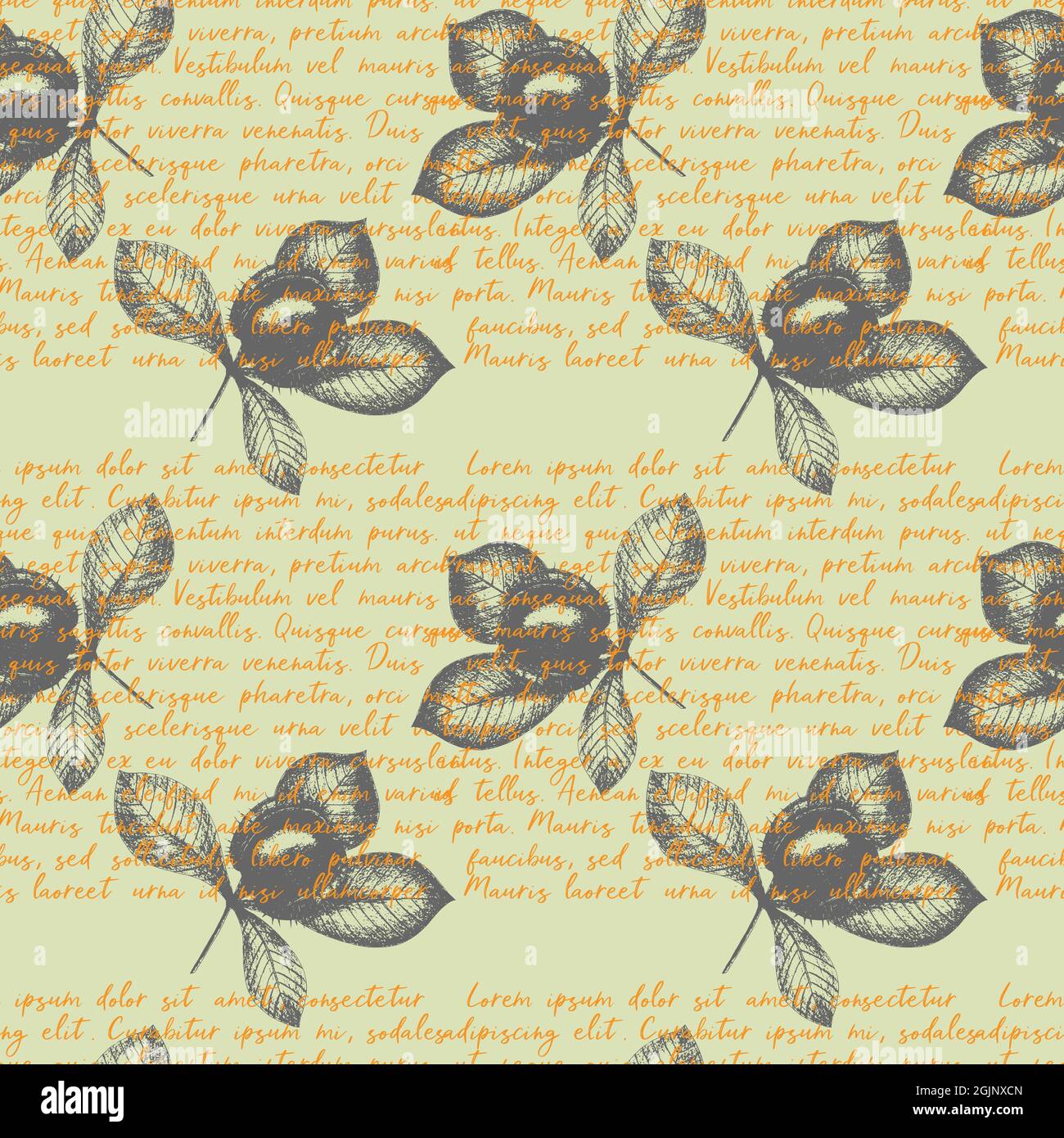 Autumn pattern chestnut hand-drawing, stamp, imprint, text orange. Vector illustration Stock Vector