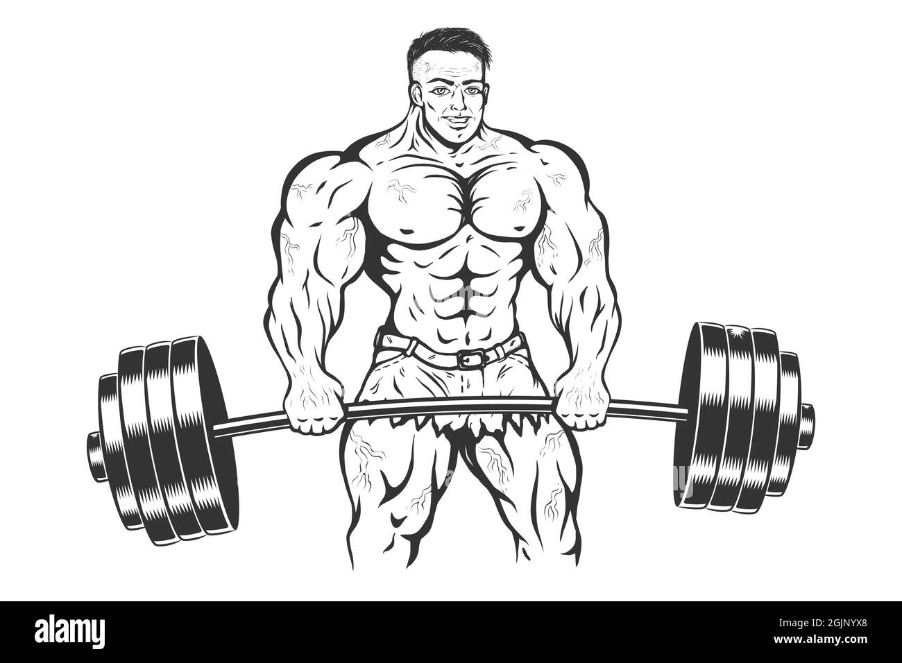 Vector illustration of a bodybuilder with barbell. Vintage cartoon of a bodybuilder or powerlifter. Strong man. Stock Vector