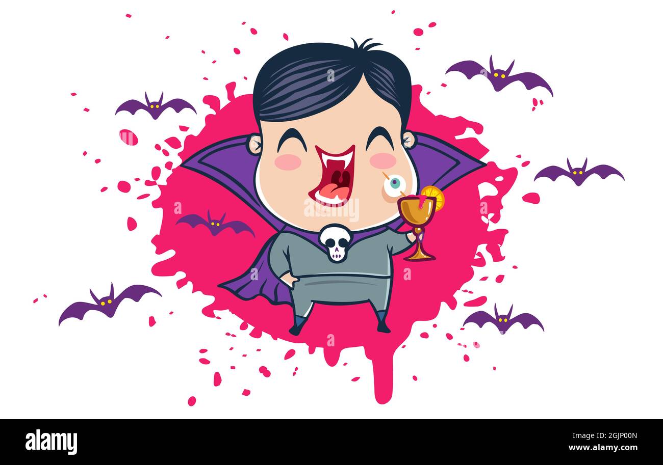 Vector illustration of a vampire in kawaii style. Illustration of a cute kid in Dracula costume. Halloween monster with blood drop. Stock Vector