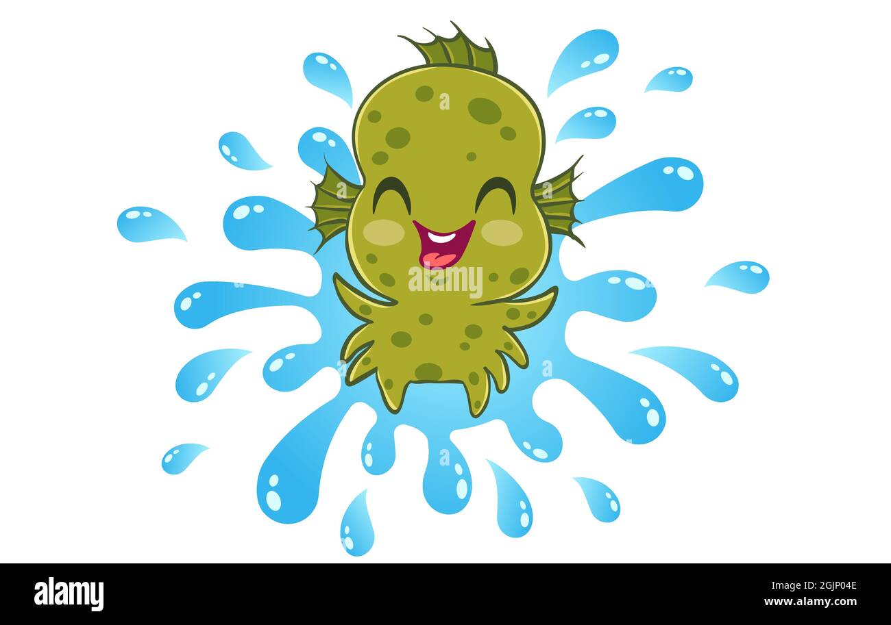 Vector illustration of a water monster in kawaii style. Illustration of a cute kid in Aqua monster costume. Halloween monster with water drops. Stock Vector