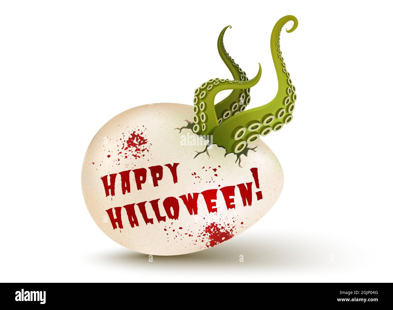 Vector cracked egg with aliens green tentacles for Halloween party. Vector 3D illustration of a egg with mutant green tentacles. GMO product Stock Vector