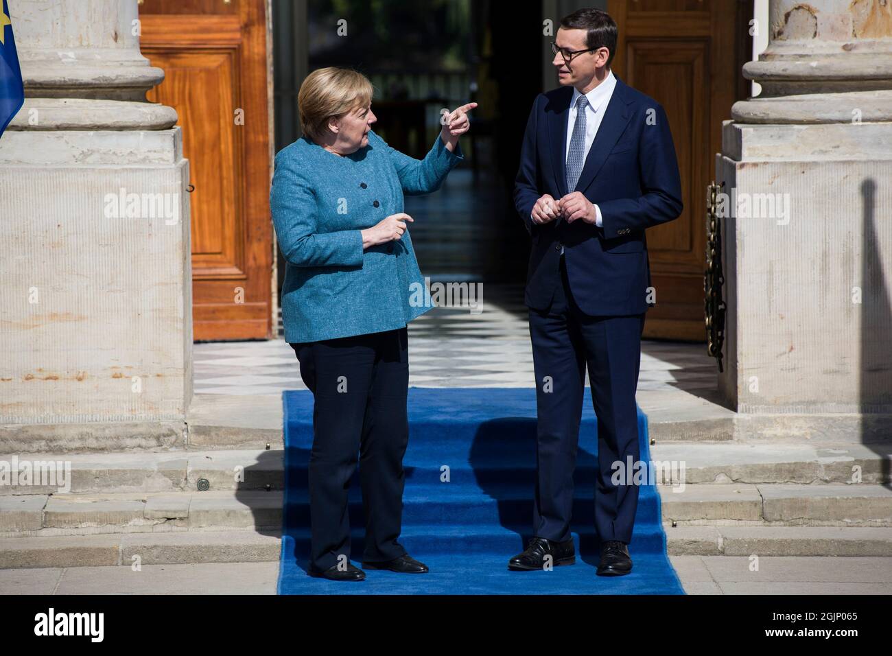 Warsaw, Poland. 11th Sep, 2021. Angela Merkel and Mateusz Morawiecki seen during a meeting at the Palace on the Isle (Pa?ac na Wyspie) in Warsaw.German chancellor Angela Merkel is visiting Warsaw for a last before retiring from politics. Mrs. Merkel was welcomed by Polish Prime Minister Mateusz Morawiecki. Credit: SOPA Images Limited/Alamy Live News Stock Photo