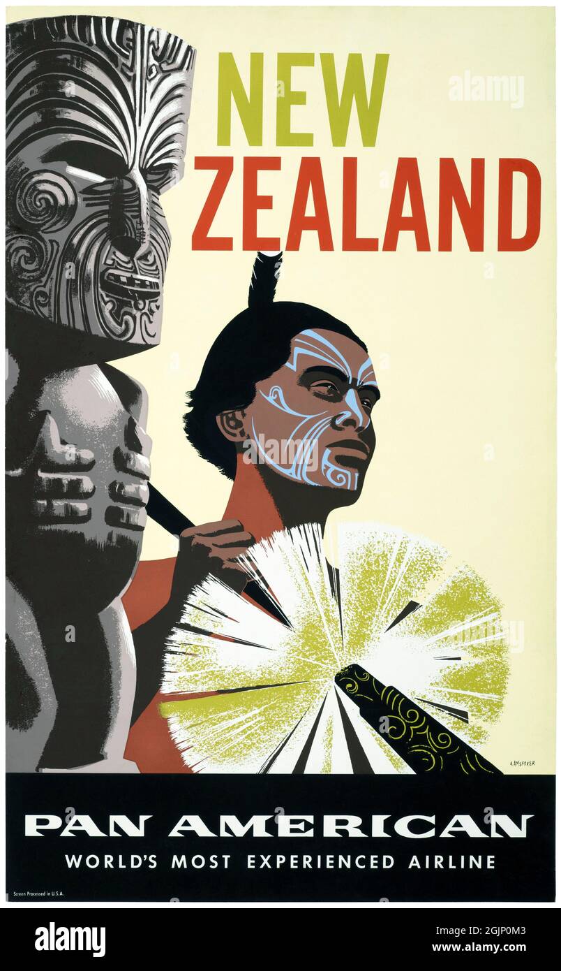 New Zealand. Pan American, world's most experienced airline by Aaron Amspoker (dates unknown). Restored vintage poster published in 1950 in New Zealand. Stock Photo