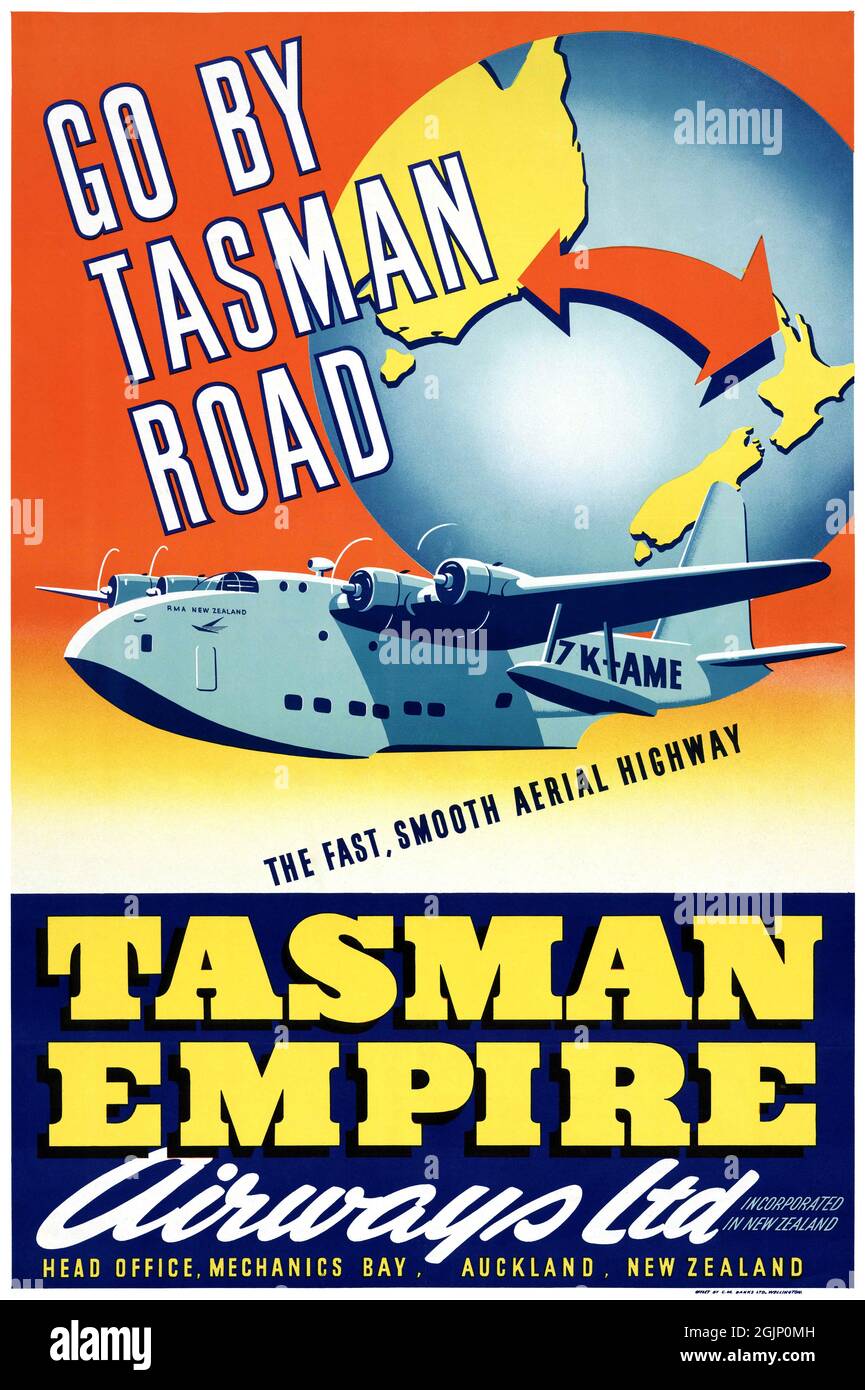 Go by Tasman Road. The fast, smooth aerial highway. Tasman Empire Airways Ltd. Artist unknown. Restored vintage poster published in 1930 in New Zealand. Stock Photo