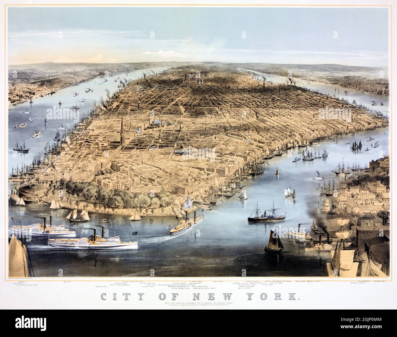 City of New York aerial map by Charles Parsons (1821-1910). Published by N. Currier in 1856 in the USA. Stock Photo