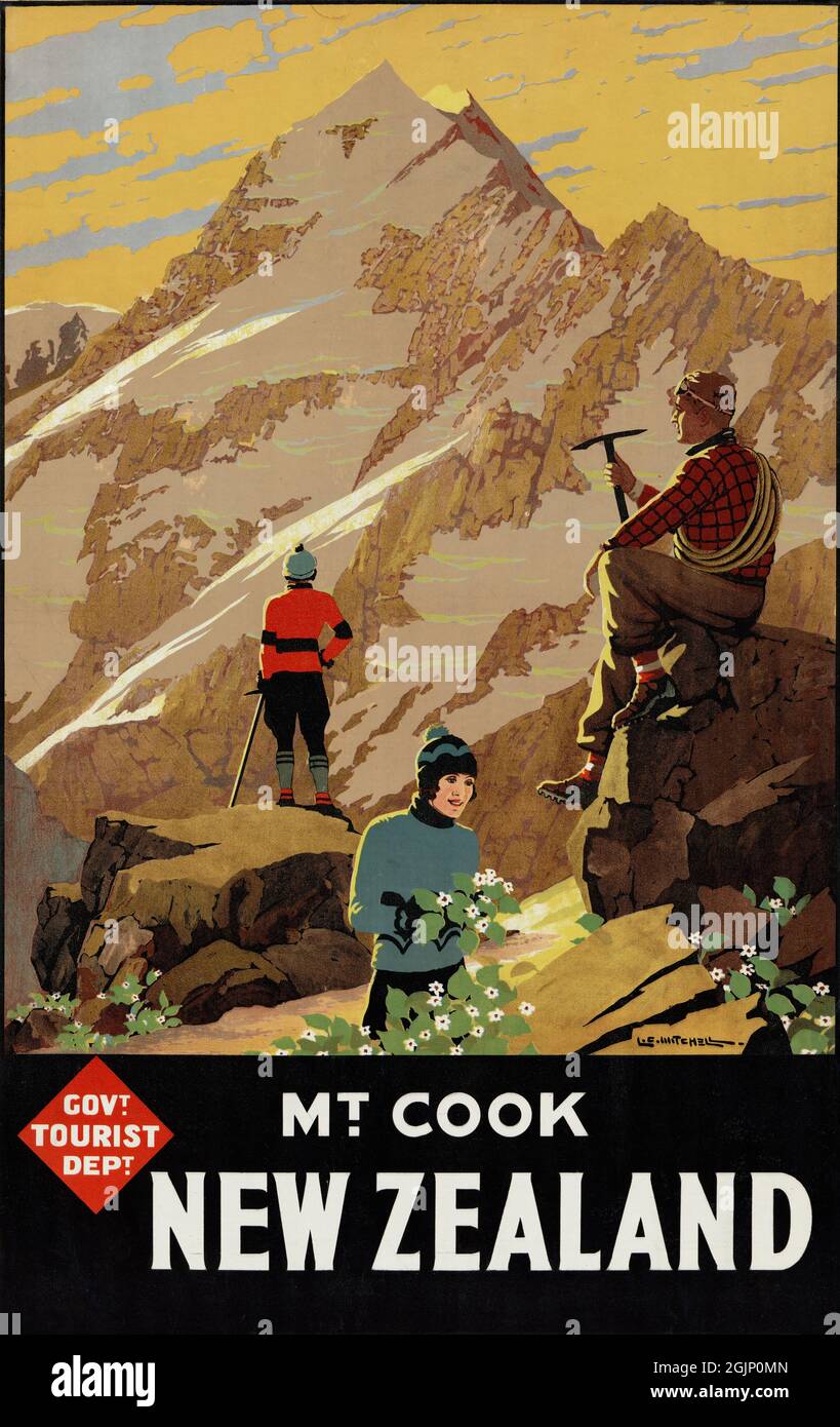 New Zealand. Mt. Cook by Leonard Cornwall Mitchell (1901-1971). Restored vintage poster published in 1935 in New Zealand. Stock Photo