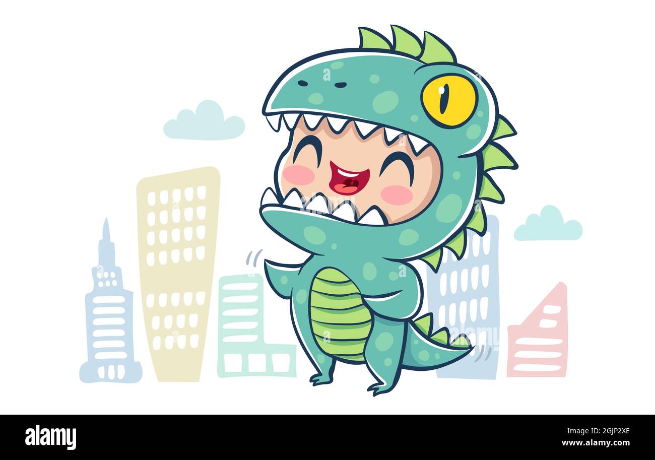 Vector illustration of a dragon in kawaii style. Illustration of a cute kid in Godzilla costume and buildings. Halloween monster in city. Stock Vector