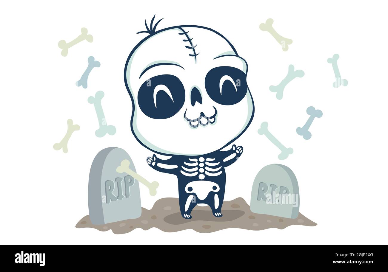 Vector illustration of a skeleton on cemetery in kawaii style. Illustration of a cute kid in skeleton costume. Halloween monster and graves. Stock Vector