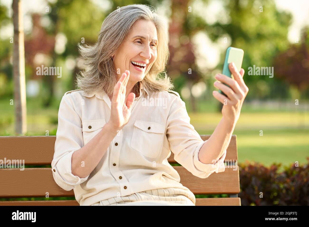 Woman friendly chatting by video call Stock Photo