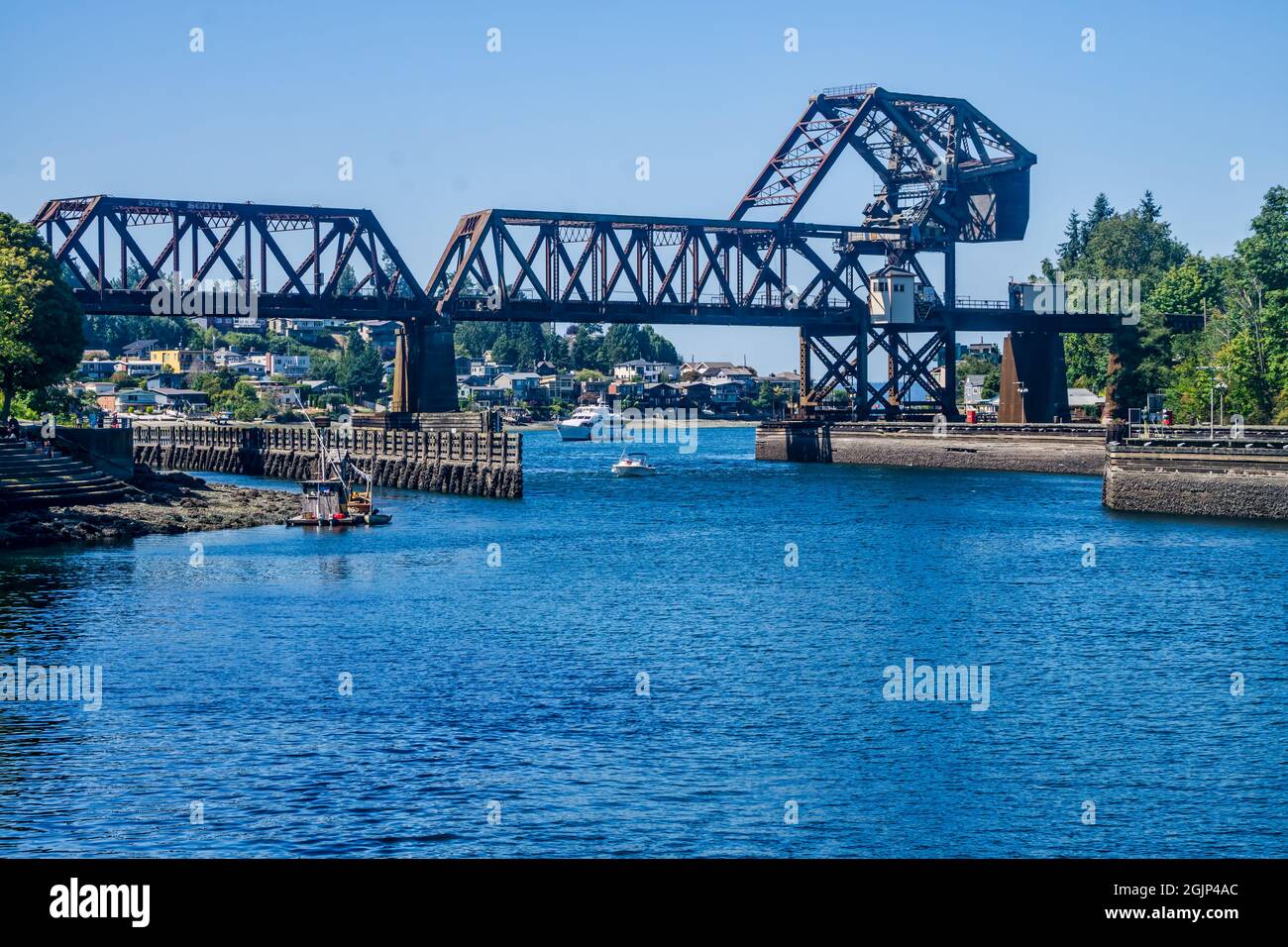 Salmon Bay Bridge at the Ballard Locks in Washington State Stock Photo
