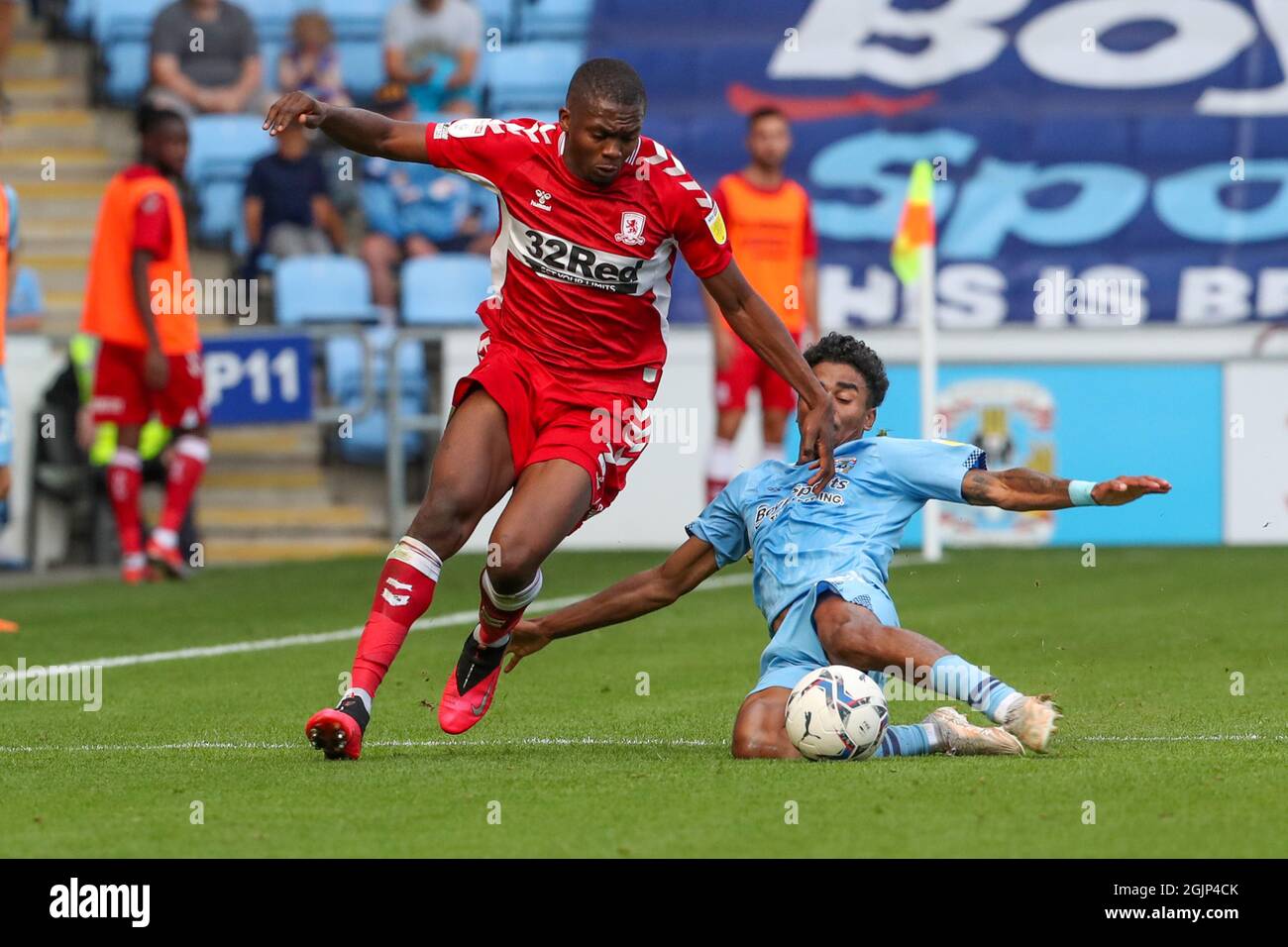 COVENTRY, UK SEPT 11TH Middlesbrough's Anfernee Dijksteel is challenged by Coventry City's Ian Maatsen during the second half of the Sky Bet Championship match between Coventry City and Middlesbrough at the Ricoh Arena, Coventry on Saturday 11th September 2021. (Credit: John Cripps | MI News) Credit: MI News & Sport /Alamy Live News Stock Photo