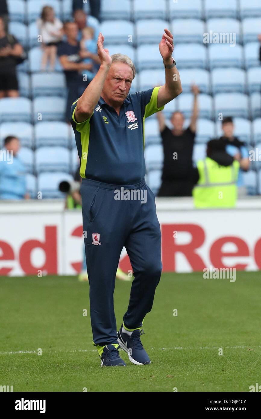 COVENTRY, UK SEPT 11TH Middlesbrough's manager Neil Warnock applauds the travelling Boro fans after the Sky Bet Championship match between Coventry City and Middlesbrough at the Ricoh Arena, Coventry on Saturday 11th September 2021. (Credit: John Cripps | MI News) Credit: MI News & Sport /Alamy Live News Stock Photo