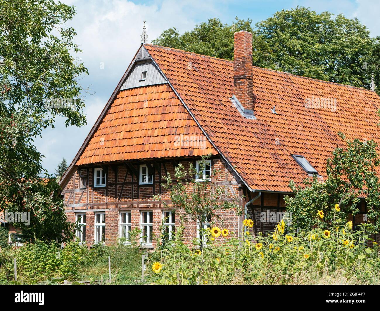 Traditional half-timbered farm house near Petershagen in East-Westphalia. Stock Photo
