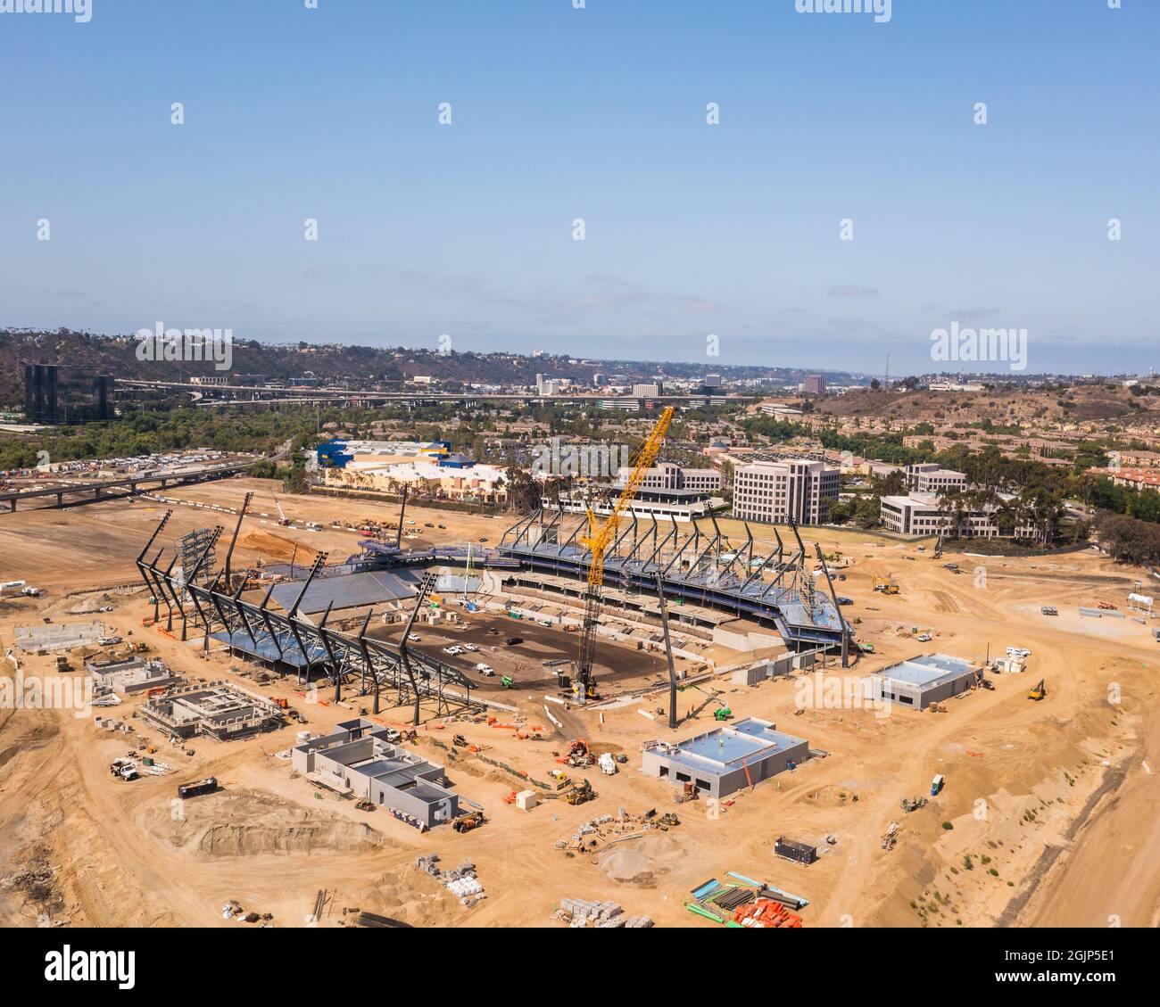 Aerial view of construction crews building new stadium arena in San Diego. Stock Photo
