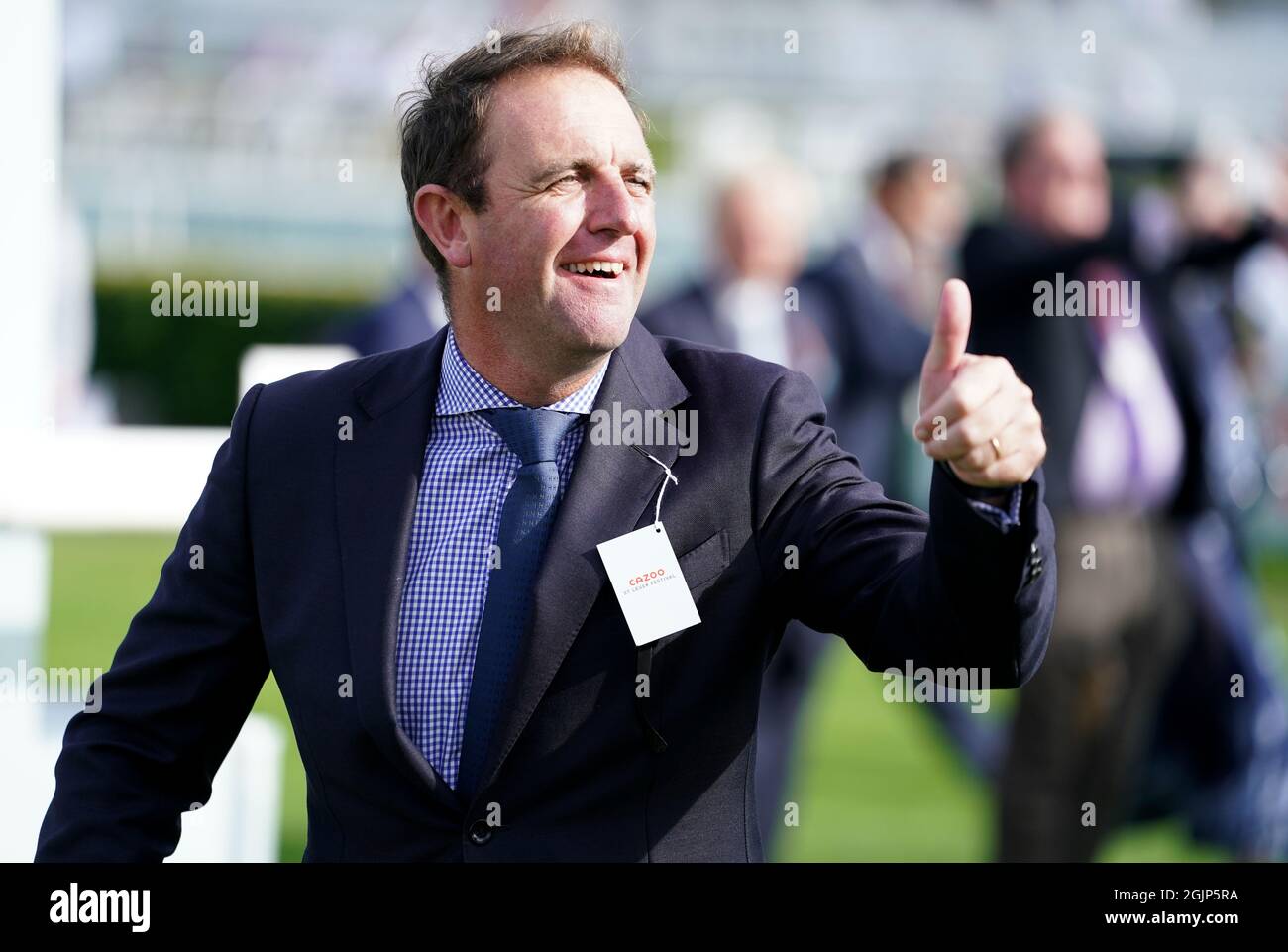 Trainer Charlie Appleby celebrates after winning the Cazoo St Leger ...