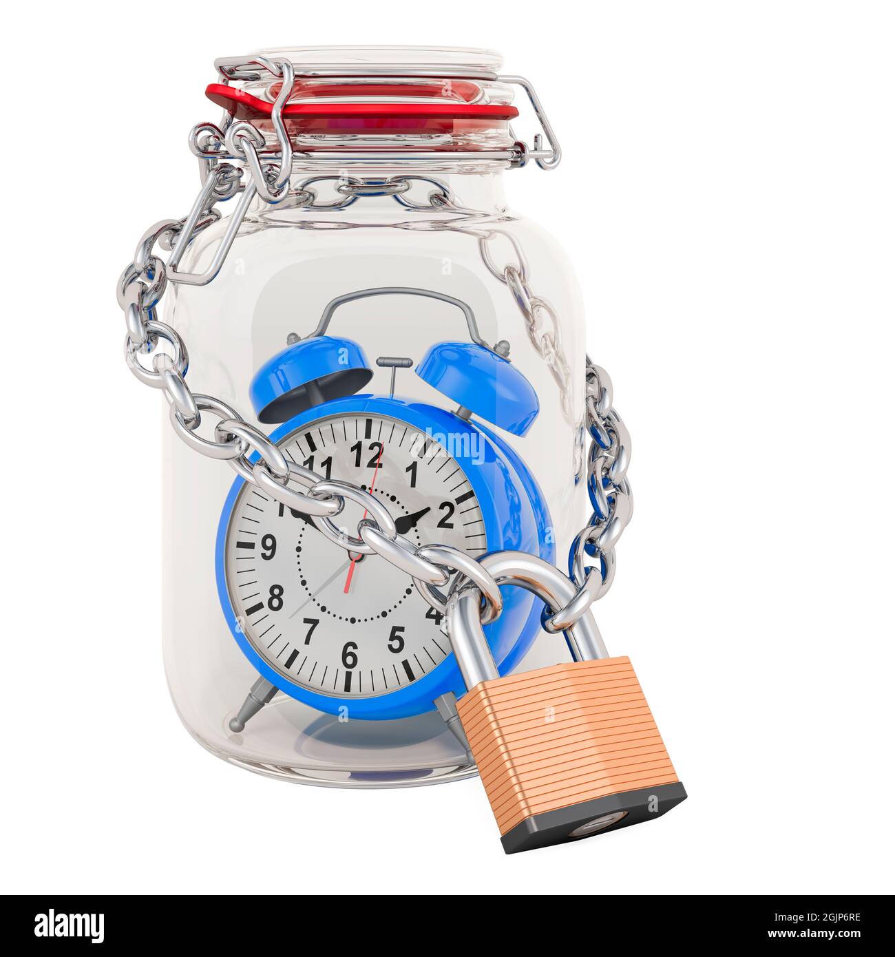 Alarm clock inside glass jar with chain and padlock, save time concept
