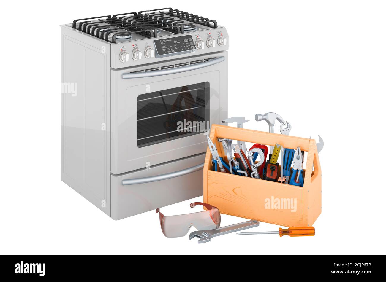 Gas range with toolbox. Service and repair of gas stoves concept. 3D rendering isolated on white background Stock Photo