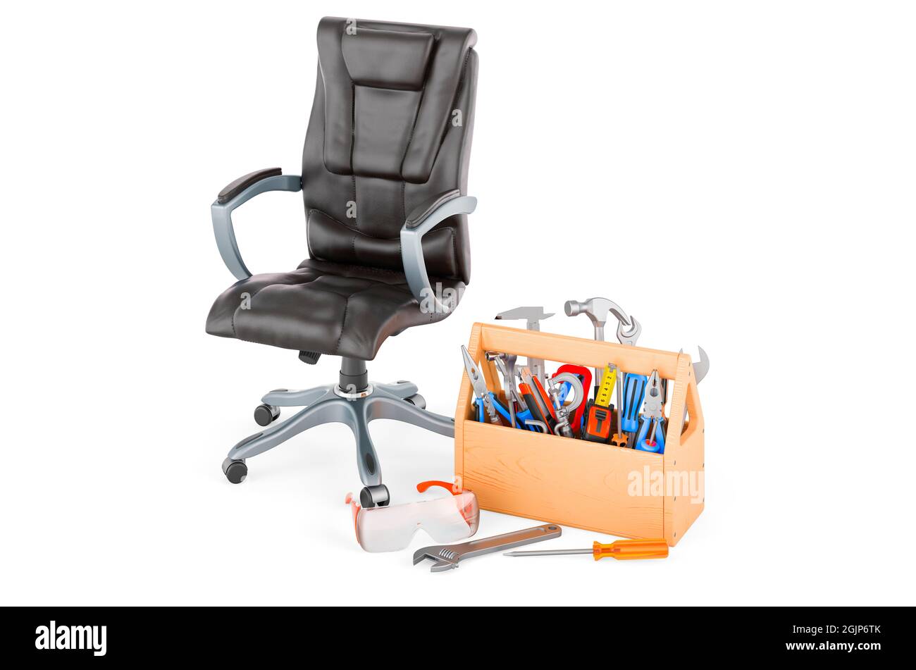 Office chair with toolbox. Service and repair of office chair, 3D