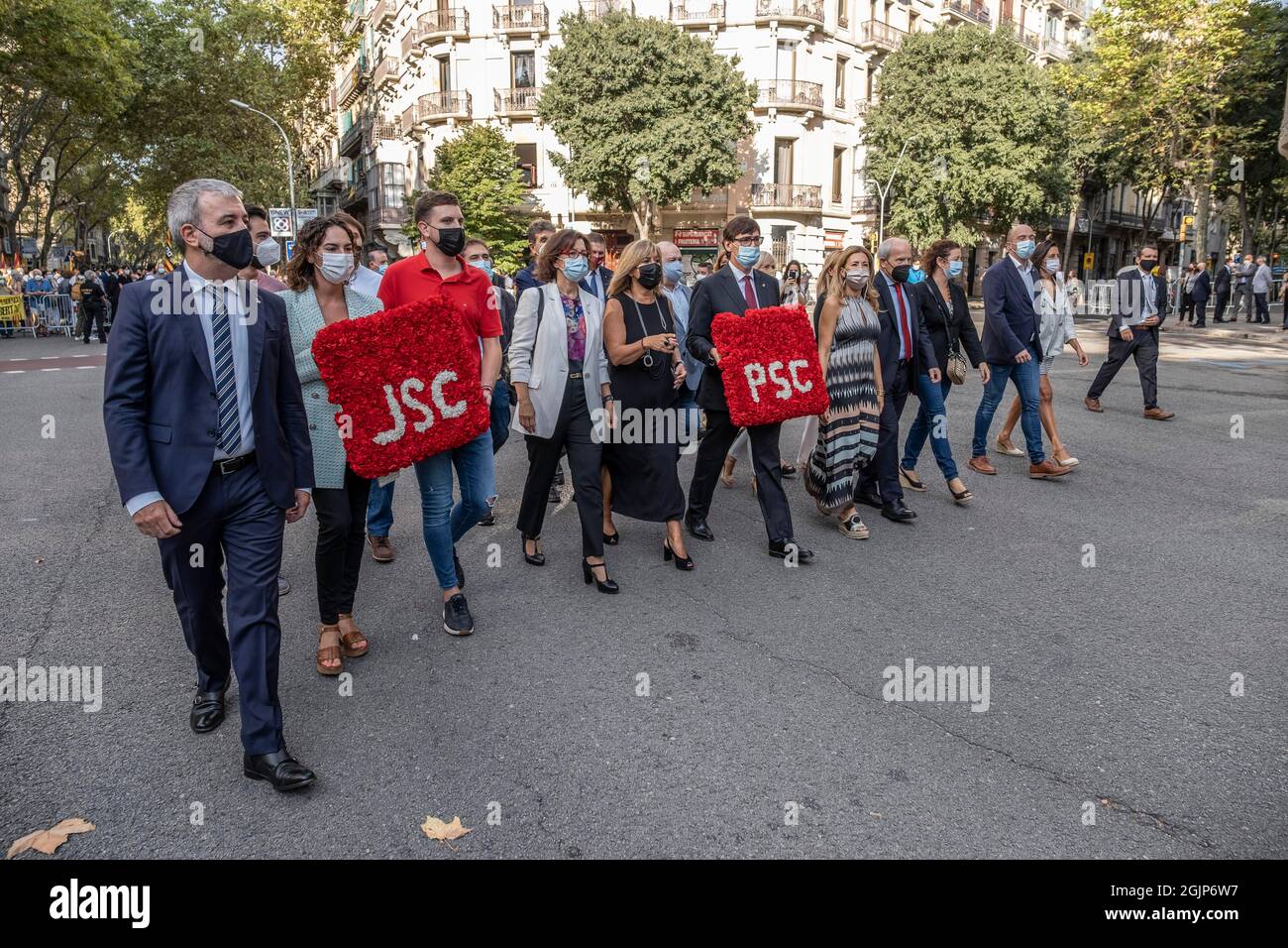 Barcelona, Spain. 11th Sep, 2021. The socialist group of Catalonia PSC is seen during the offering of flowers to the Rafael de Casanovas monument.Catalonia celebrates the traditional Diada de Catalunya 2021 with a wreath to Rafael de Casanova in Barcelona, the first act of a day full of reading manifestos, rallies and public demonstrations. (Photo by Paco Freire/SOPA Images/Sipa USA) Credit: Sipa USA/Alamy Live News Stock Photo