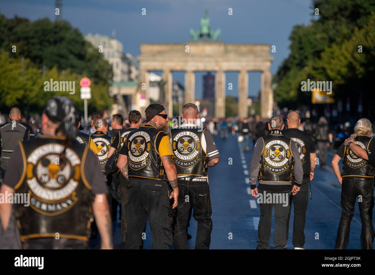 Berlin Germany 11th Sep 21 Participants Wearing Cowls With The Inscription Clover Rider Friendship Germany Stand At The Edge Of A Motorcycle Parade On The Strasse Des 17 According To Police More