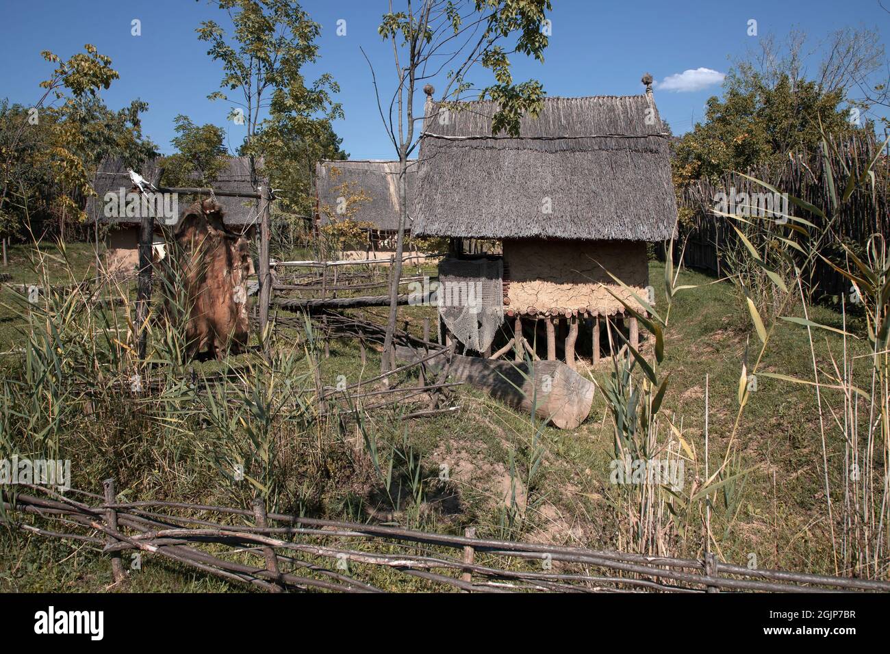 Reconstruction of a fishing settlement from the late Neolithic Vinca culture Stock Photo