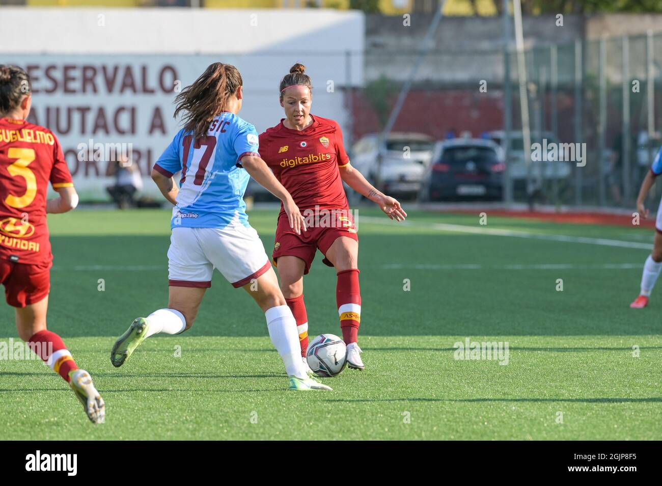 Pomigliano, Italy. 11th Sep, 2021. Vanessa Bernauer (5) AS Roma Femminile  control the ball - Marika BanuÅ¡ic (17) Pomigliano Calcio Femminile during  the Italian Football Championship League A Women 2021/2022 match between