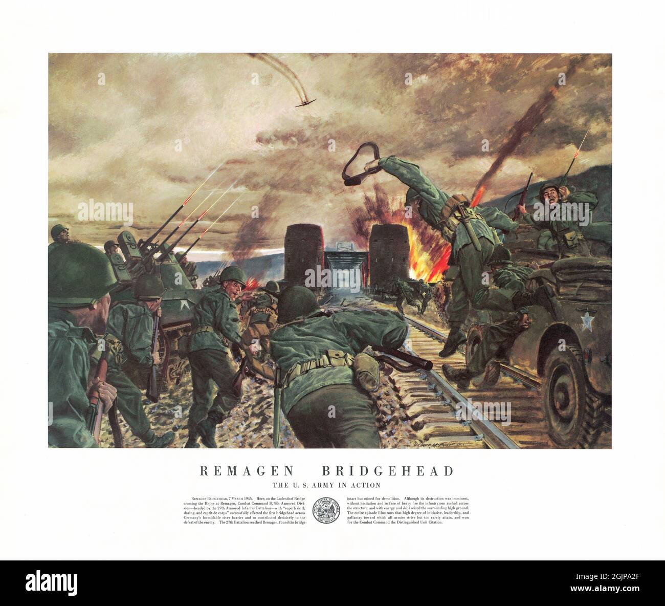 Remagen Bridgehead. U.S Army poster commemorating the attack on the  Ludendorff Bridge in Remagen on 7th March 1945 Stock Photo