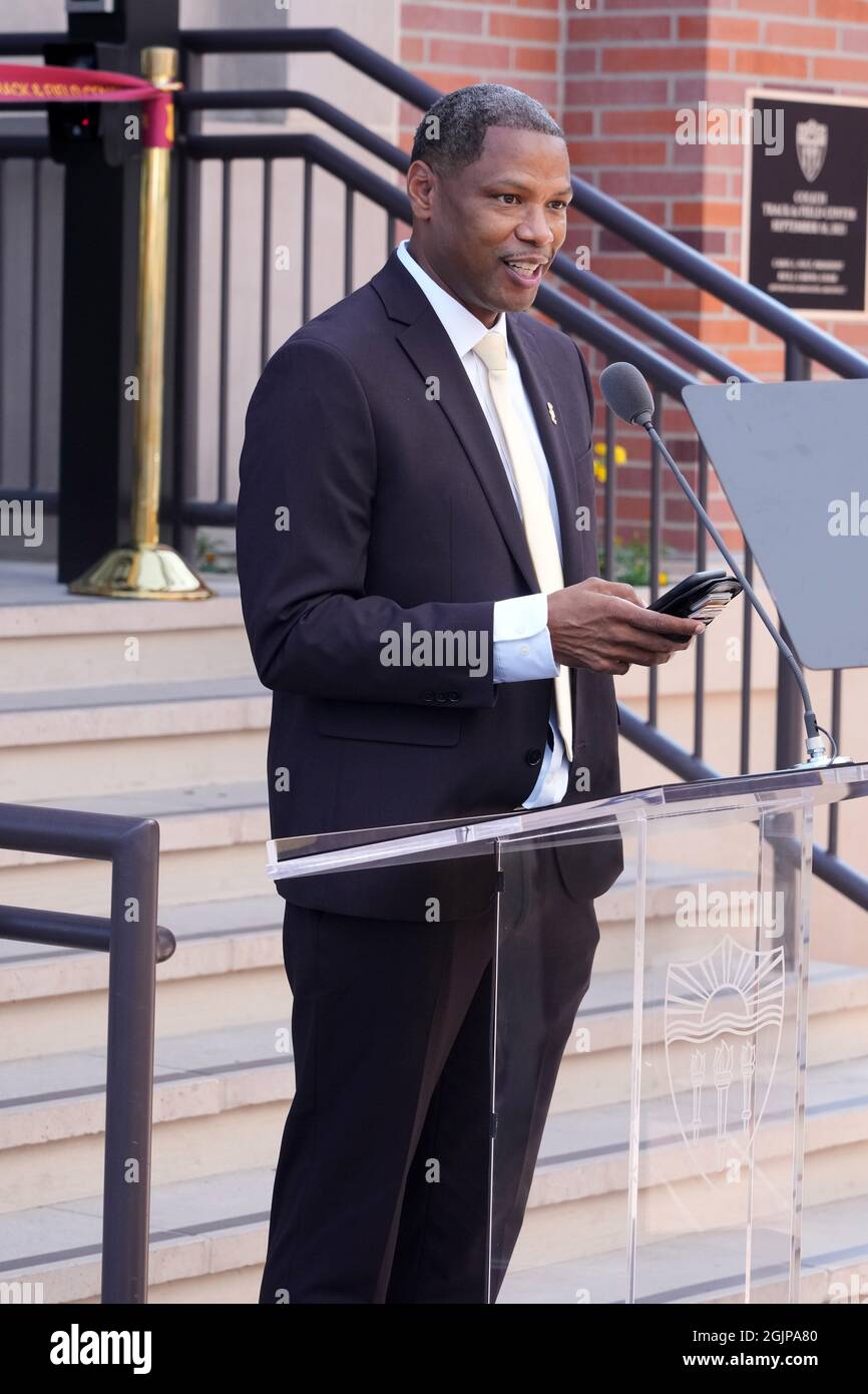 Quincy Watts speaks during a ceremony to dedicate the Colich Track and