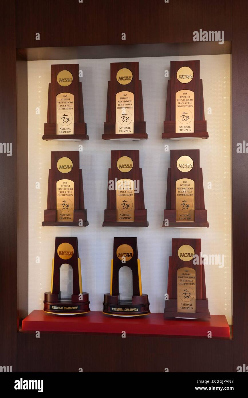 NCAA Championship trophies on display at the Colich Track and Field Center on the campus of the University of Southern California, Friday, Sept. 10, 2021, in Los Angeles. Stock Photo