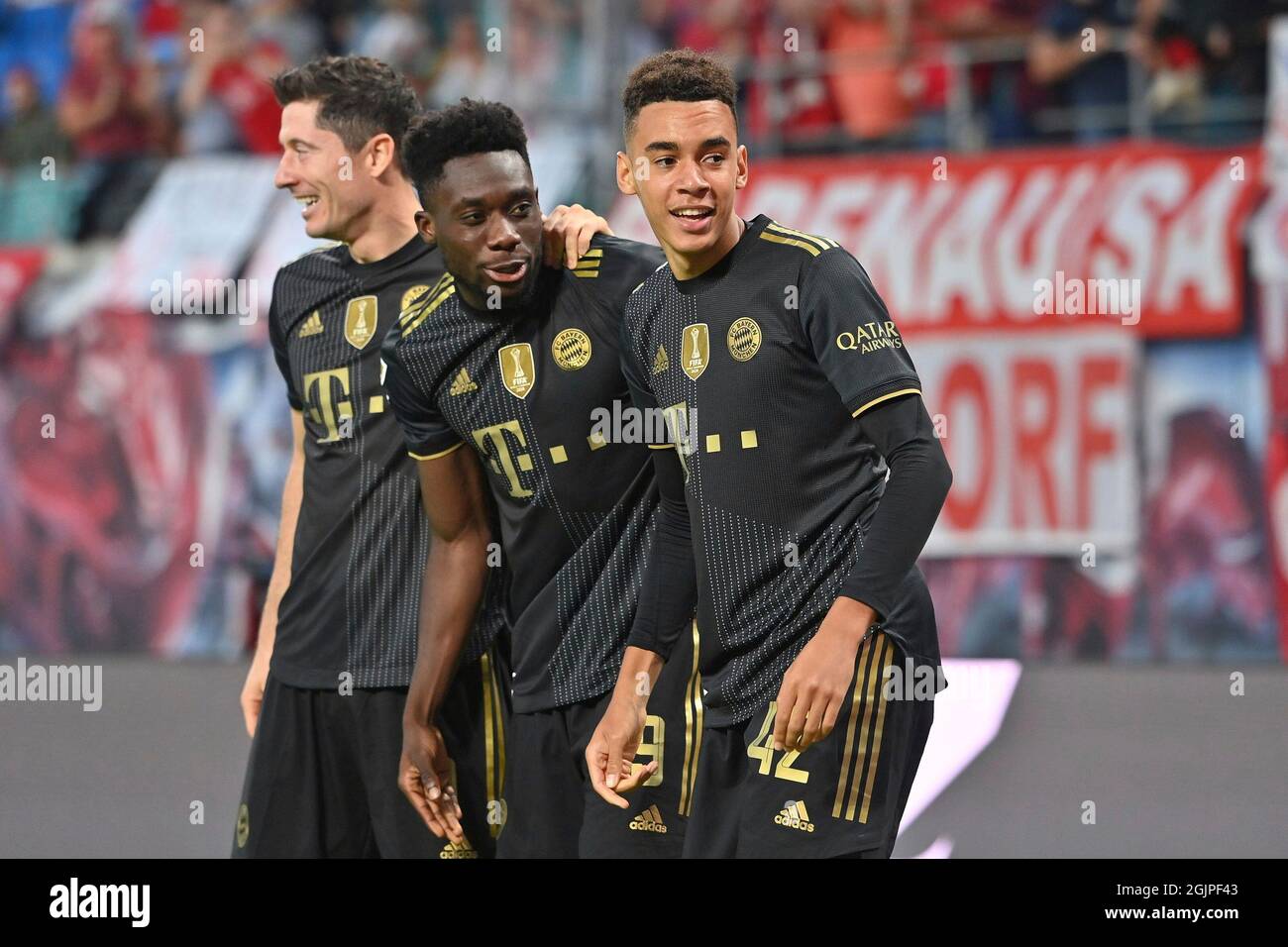 Leipzig Deutschland 11th Sep 21 Goaljubel From Right Jamal Musiala Fc Bayern Munich After Or Zum 0 2 With Alphonso Davies Fc Bayern Munich Robert Lewandowski Fc Bayern Munich Jubilation Joy Enthusiasm Action