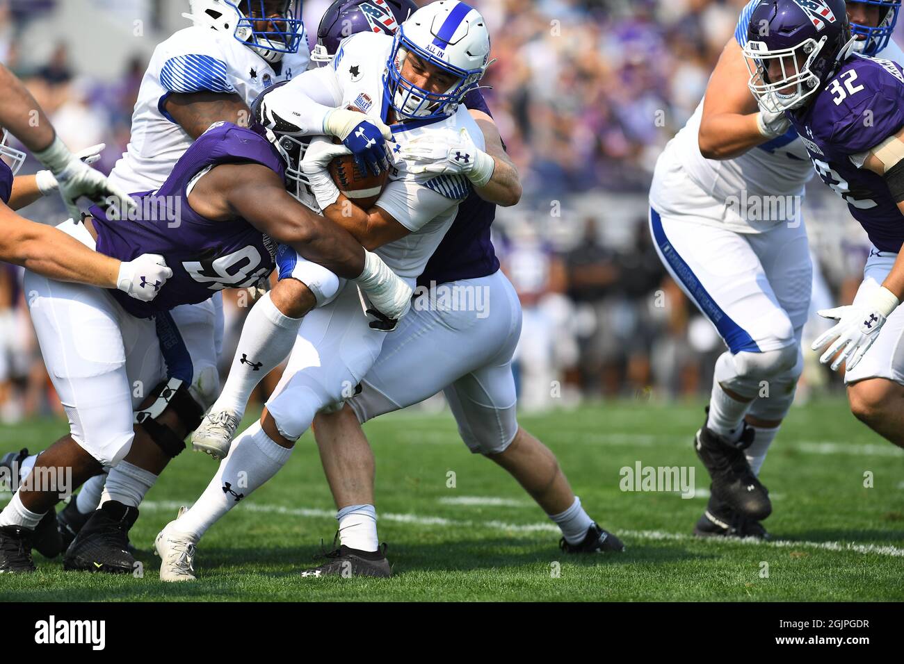 Evanston, Illinois, USA. 11th Sep, 2021. Peterson Kerlegrand #9 of the Indiana State Sycamores in action during the NCAA football game between the Northwestern Wildcats vs Indiana State Sycamores at Ryan Field in Evanston, Illinois. Dean Reid/CSM/Alamy Live News Stock Photo