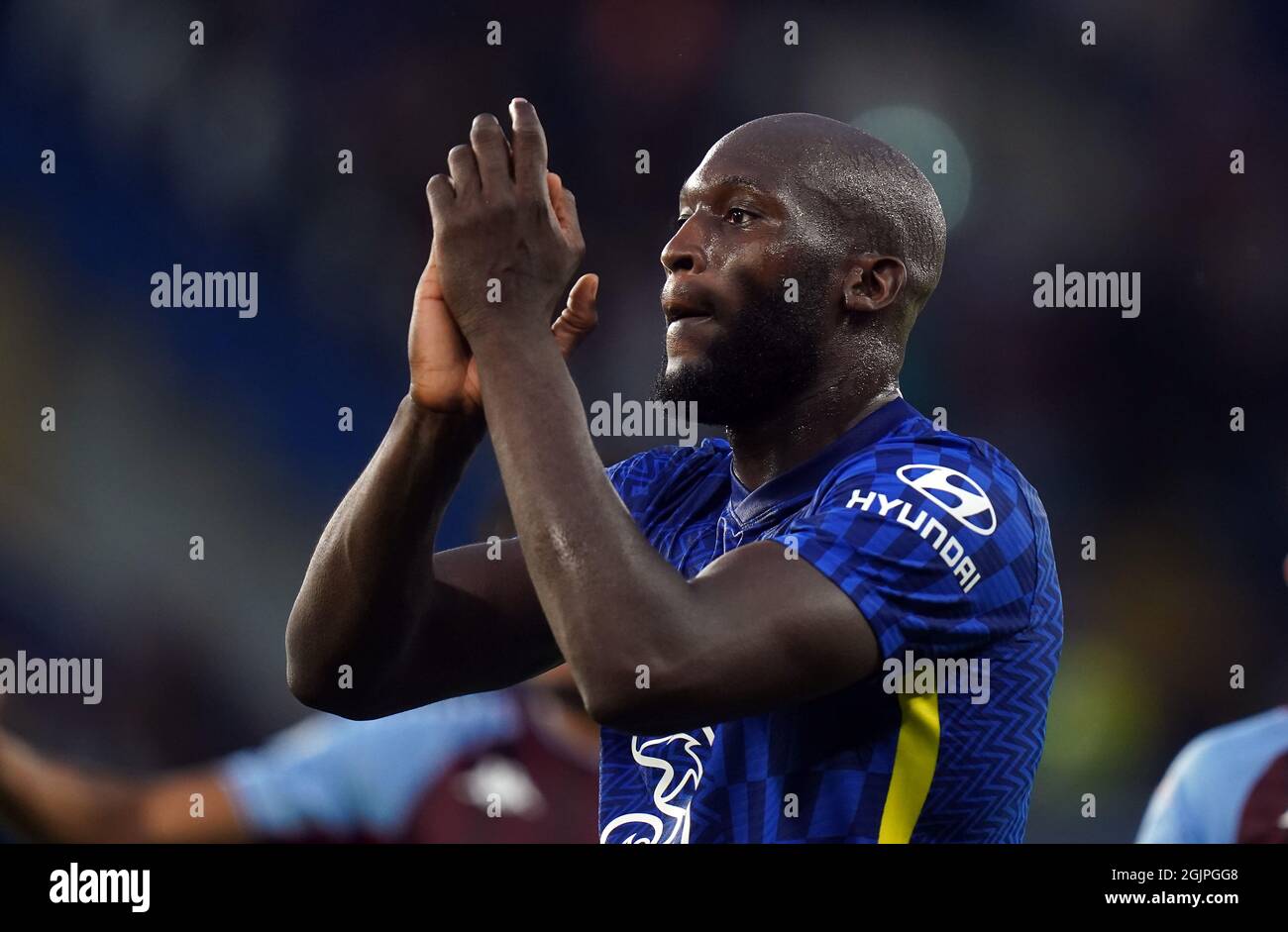Chelsea's Romelu Lukaku applauds the fans after the Premier League match at Stamford Bridge, London. Picture date: Saturday September 11, 2021. Stock Photo