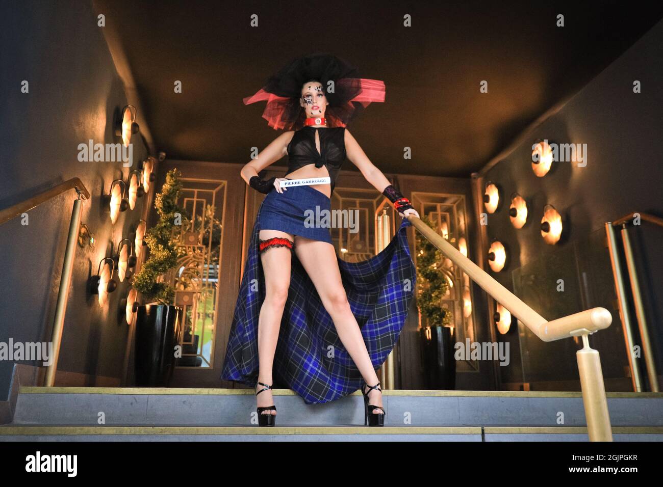 London, UK. 11th Sep, 2021. Models pose in extravagant outfits and accessories at a flashmob street fashion show for designer Pierre Garroudi in the streets of central London. Credit: Imageplotter/Alamy Live News Stock Photo