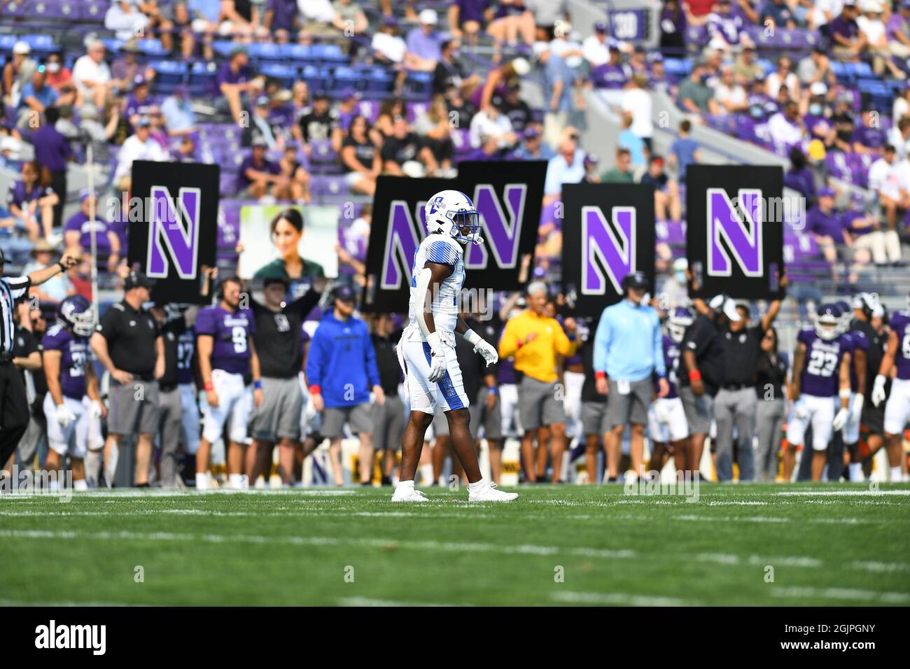 Evanston, Illinois, USA. 11th Sep, 2021. JJ Henderson #12 of the Indiana State Sycamores in action during the NCAA football game between the Northwestern Wildcats vs Indiana State Sycamores at Ryan Field in Evanston, Illinois. Dean Reid/CSM/Alamy Live News Stock Photo