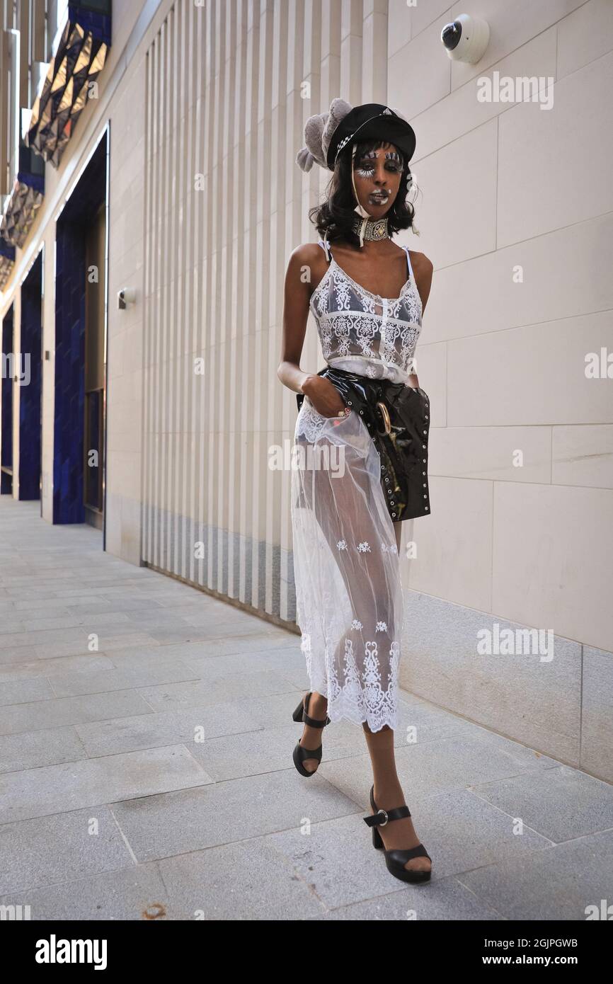 London, UK. 11th Sep, 2021. Models pose in extravagant outfits and accessories at a flashmob street fashion show for designer Pierre Garroudi in the streets of central London. Credit: Imageplotter/Alamy Live News Stock Photo
