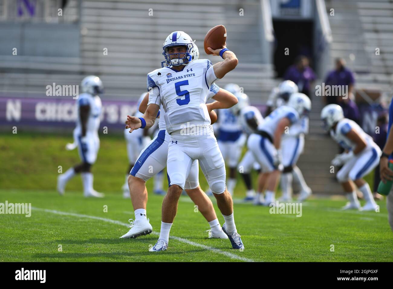 Evanston, Illinois, USA. 11th Sep, 2021. Anthony Thompson #5 of the Indiana State Sycamores in action during the NCAA football game between the Northwestern Wildcats vs Indiana State Sycamores at Ryan Field in Evanston, Illinois. Dean Reid/CSM/Alamy Live News Stock Photo