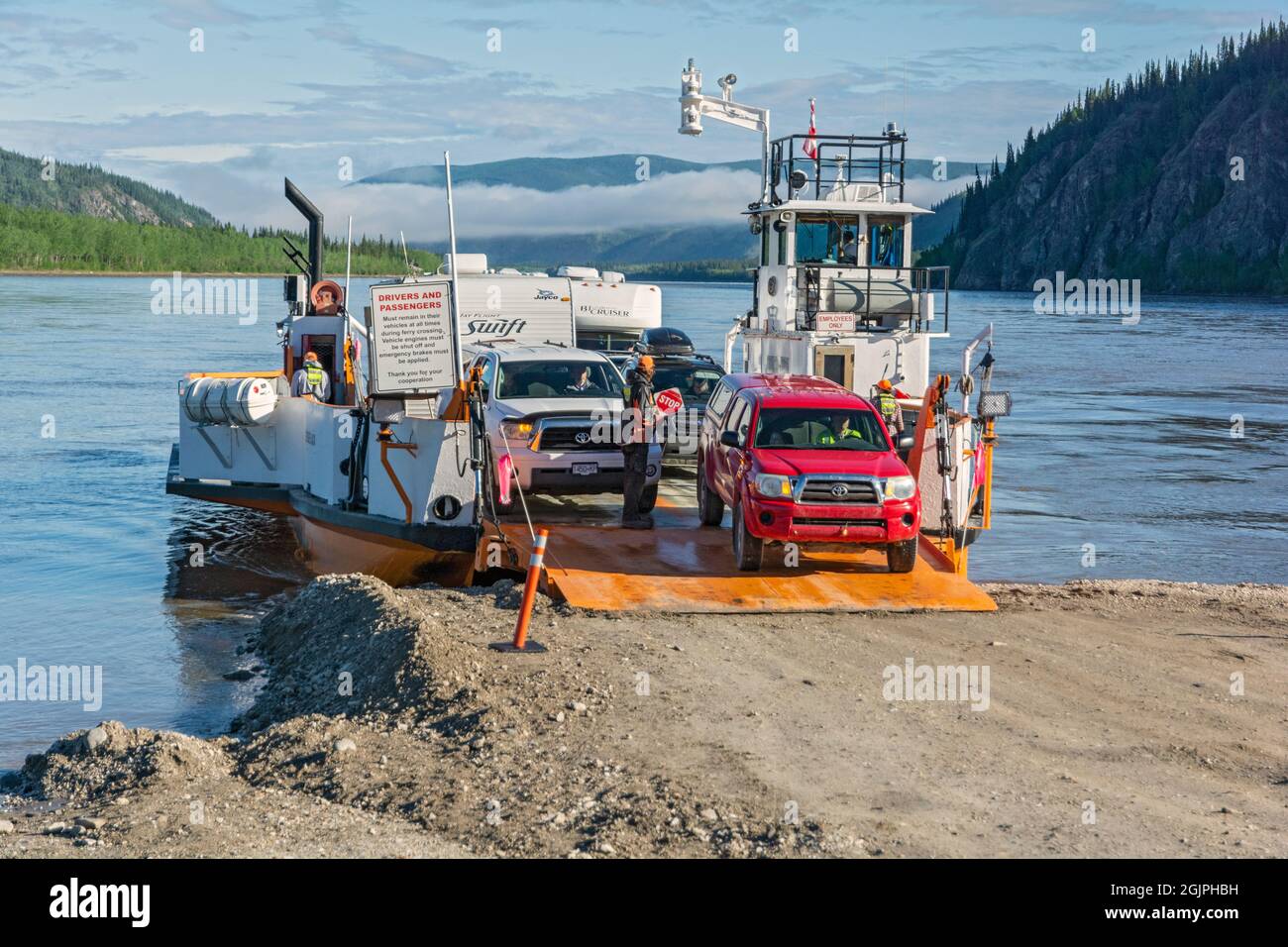 Canada, Yukon Territory, Dawson City, Yukon River, car ferry at landing