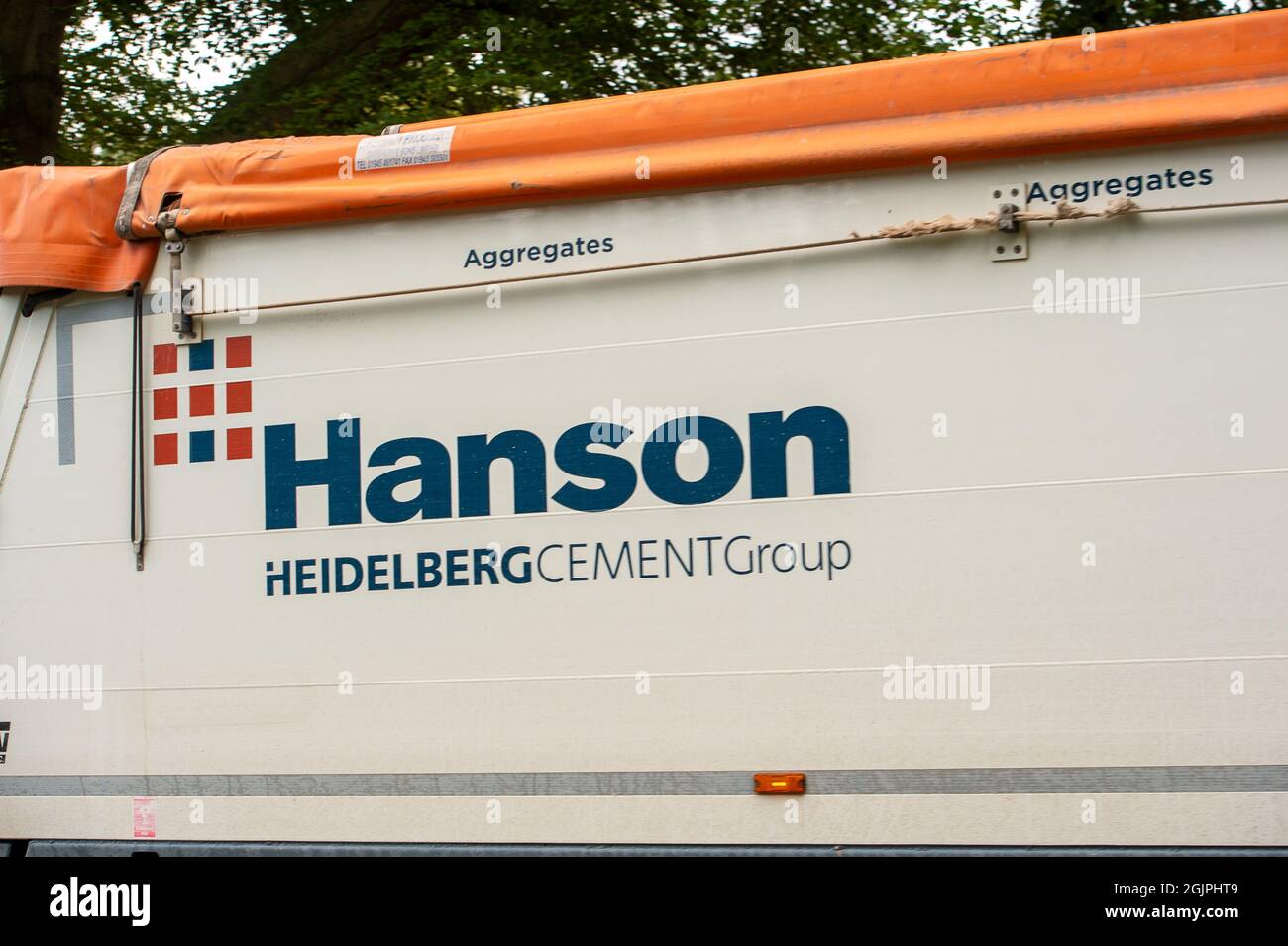 Aylesbury, Buckinghamshire, UK. 9th September, 2021. Hanson lorries arriving at one of the HS2 High Speed Rail 2 compounds in Aylesbury. Hanson lorry drivers are balloting for industrial action and are a big supplier of concrete and aggregates to HS2 Ltd. Credit: Maureen McLean/Alamy Live News Stock Photo