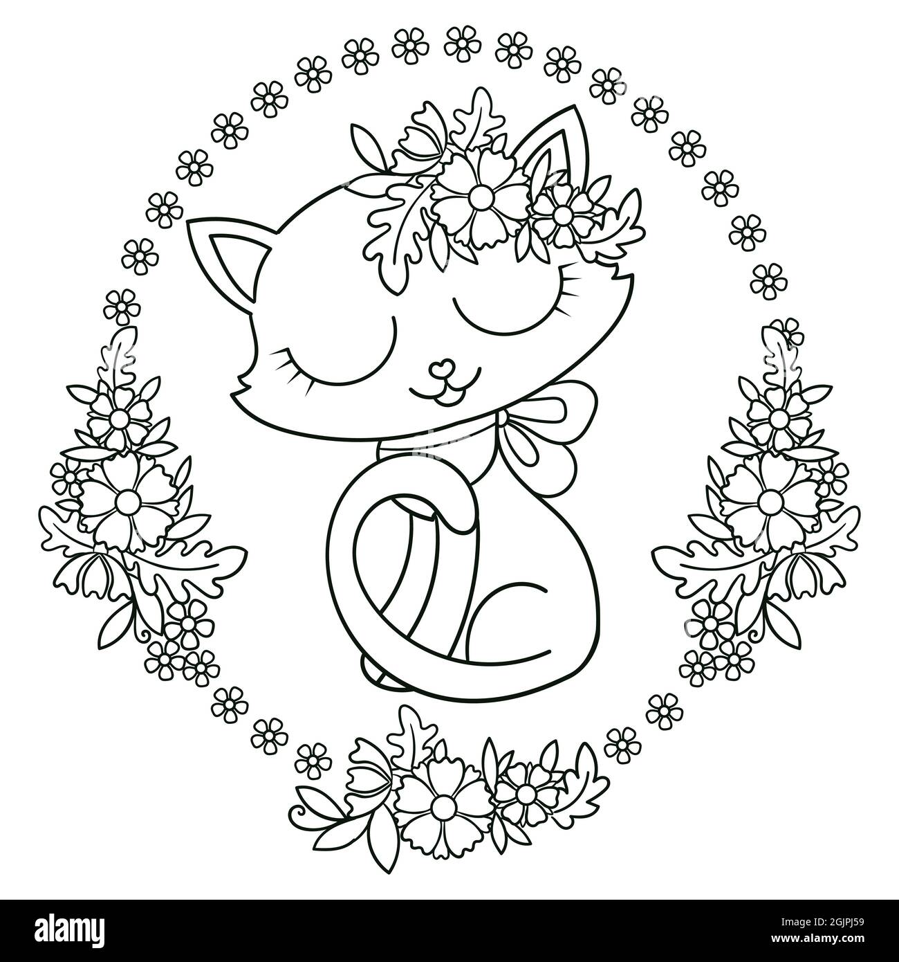 Cute cartoon kitten in an oval frame of flowers. Black and white linear image. Vector Stock Vector