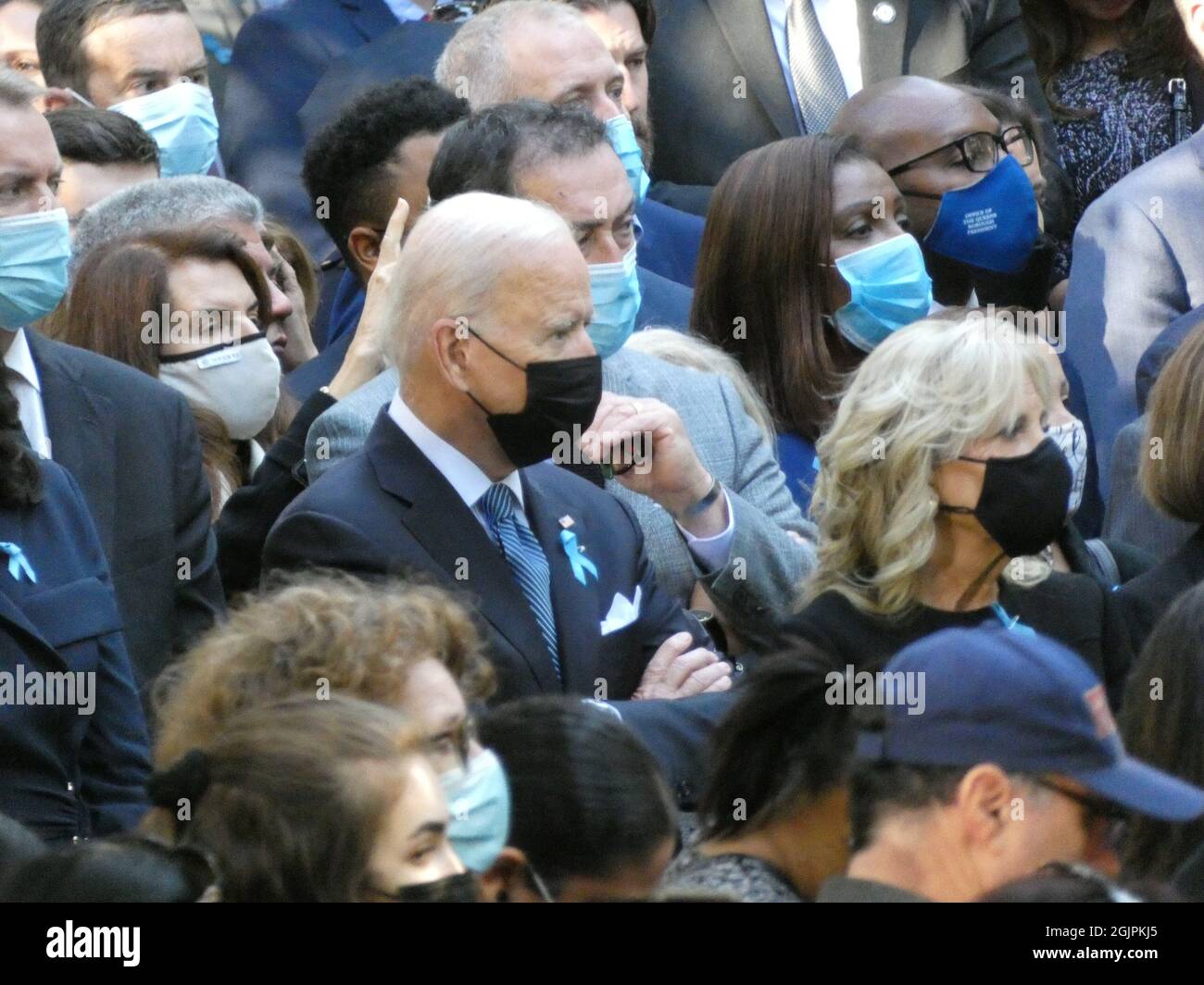 New York, USA. 11th Sep, 2021. (NEW) New York Solemnly Observes 20th Anniversary of 9/11 Terrorist Strikes. Sept 11, 2021, Ground Zero, Manhattan, NY, USA: Attended by President Joseph Biden, Former Presidents Barack Obama and Bill Clinton and their wives, US Senators Chuck Schumer and Kirstin Gillibrand, as well as NY Mayor Bill De Blasio and a retinue of Congressional Representatives, today's 20th Anniversary Ceremonies -- held at Ground Zero -- sadly and bitterly recalled the savage airborne assaults on New York's Twin Towers that claimed 3,000 lives, and which forever-blunted America's Stock Photo