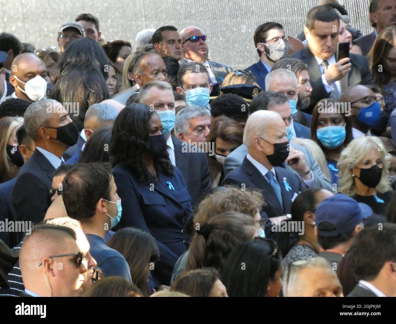 New York, USA. 11th Sep, 2021. (NEW) New York Solemnly Observes 20th Anniversary of 9/11 Terrorist Strikes. Sept 11, 2021, Ground Zero, Manhattan, NY, USA: Attended by President Joseph Biden, Former Presidents Barack Obama and Bill Clinton and their wives, US Senators Chuck Schumer and Kirstin Gillibrand, as well as NY Mayor Bill De Blasio and a retinue of Congressional Representatives, today's 20th Anniversary Ceremonies -- held at Ground Zero -- sadly and bitterly recalled the savage airborne assaults on New York's Twin Towers that claimed 3,000 lives, and which forever-blunted America's Stock Photo